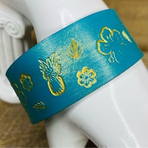 Handmade jewelry Island Vibes Leather Cuff Bracelet- painted teal/gold 1” wide